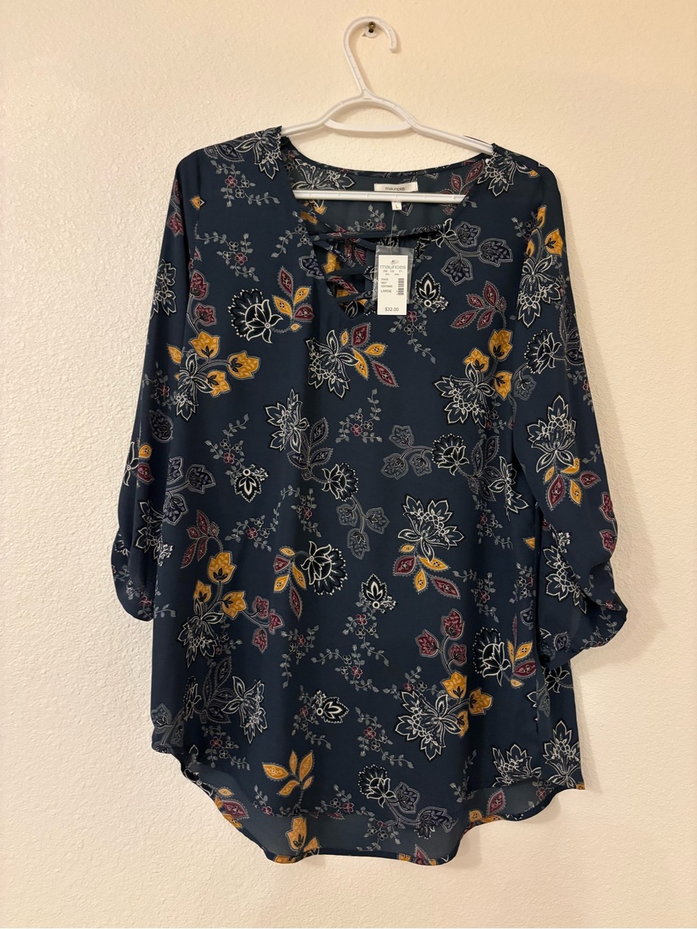 Maurices Navy Floral Keyhole Tunic with 3/4 Sleeves